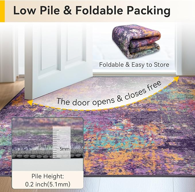 Washable Area Rugs Square 8ft Non-Slip Modern Abstract Soft for Living Room Entryway Bedroom Nursery, Print Pattern, Purple Orange Blue Green Rust Red Colorful