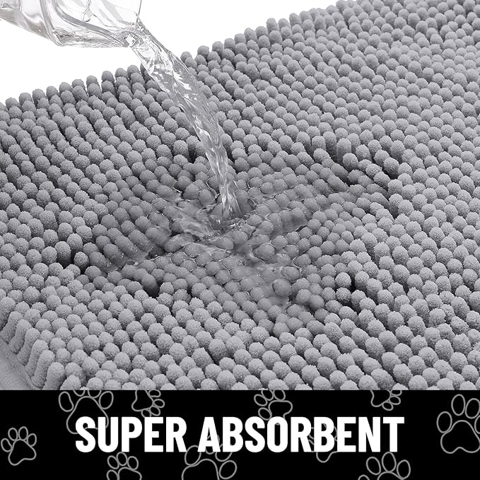 Smiry Dog Door Mat for Muddy Paws, Absorbent Dirt Trapper Non Slip Quick Dry Washable Chenille Mat for Mud Dogs, Entry Rug for Indoor and Outdoor (48x30 Inches, Grey and White)