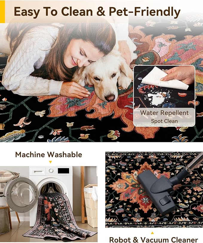 Area Rugs Square 6ft Washable Non-Slip, Floral Vintage Distress Print Pattern Medallion Carpet for Living Room Bedroom Dining Room, Black Colorful Floral Dark Tan
