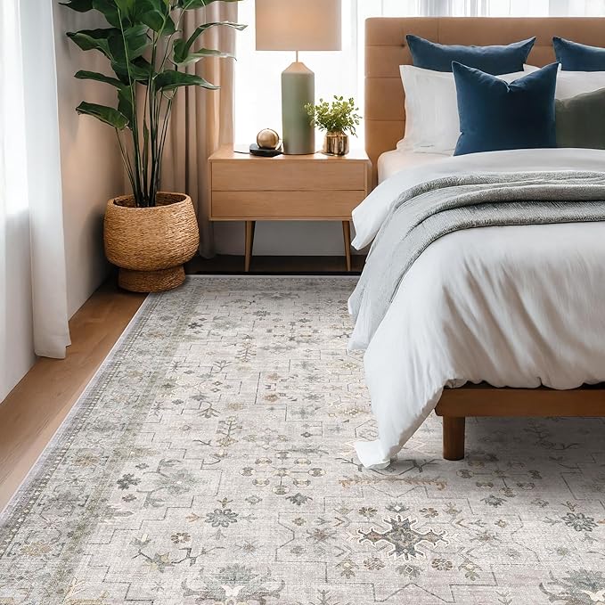 Hazo Haus Boho Light Grey 5x8 Living Room Rug - Modern Vintage Eclectic Floral Pastel Neutral Taupe, Washable Low Pile Non-Slip Large Area Rugs for Nursery Dining Under Table Bedroom Lounge