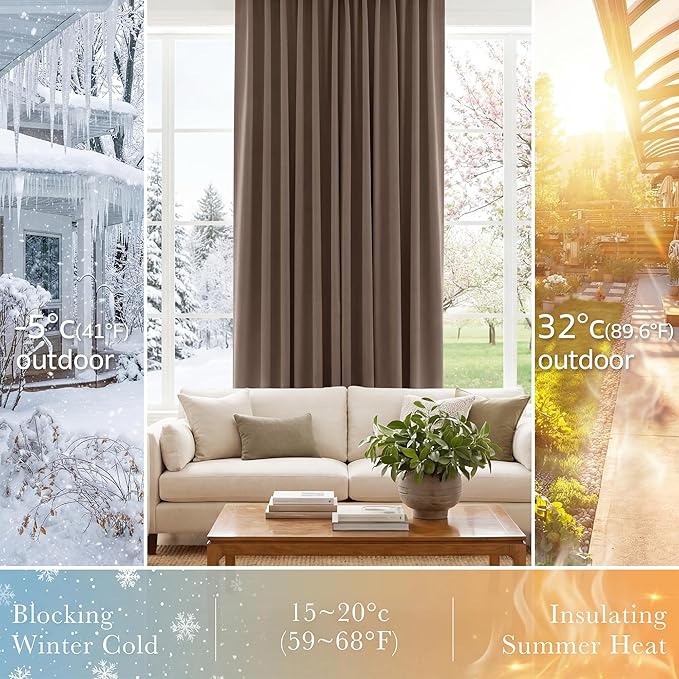 PONY DANCE Thermal Blackout Curtains - Short Length Curtain Draperies Thermal Insulated Drapes Panels with Back Tab Light Block for Bedroom Bathroom, 52 W x 54 L, Mocha, 2 PCs