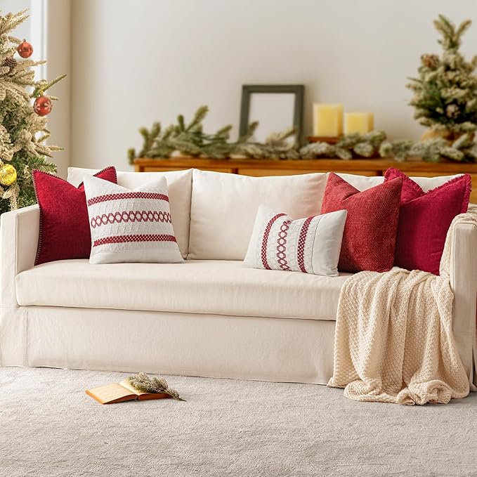 MIULEE Pack of 2 Christmas Pillow Covers 20x20 Inch Red Farmhouse Decorative Throw Pillow Covers with Stitched Edge Soft Chenille Solid Dyed Couch Pillow Covers for Sofa Bed Living Room