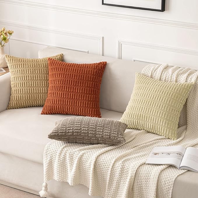MIULEE Pack of 2 Corduroy Decorative Throw Pillow Covers 24x24 Inch Soft Boho Striped Pillow Covers Modern Farmhouse Home Decor for Sofa Living Room Couch Bed Khaki
