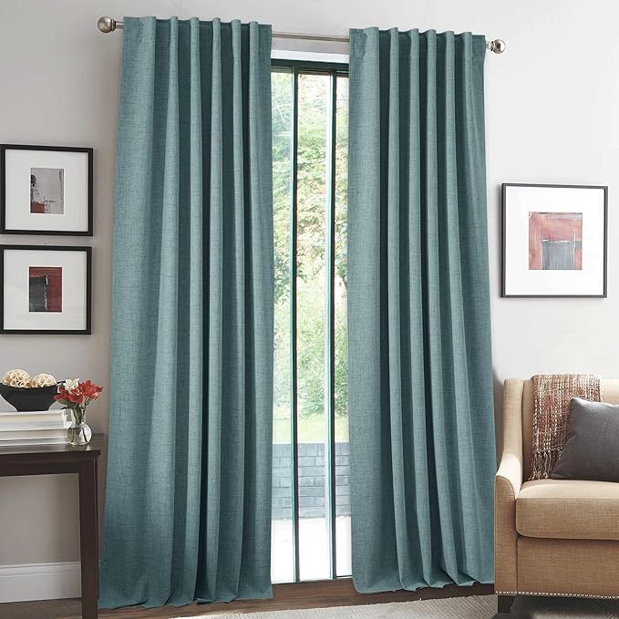 RYB HOME 100% Blackout Linen Textured Curtains 90 inches Long, Thermal Insulating Privacy Energy Saving for Bedroom Living Room Window Office Theater Baby Nursery, W 52 x L 90 in, Misty Blue, 2 Pcs