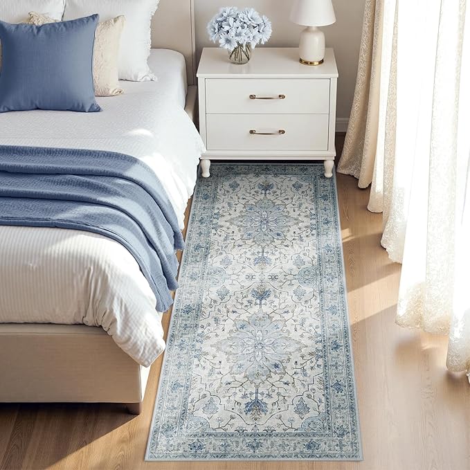 Area Rugs 2'6''x8' Runner Rug Non Slip Washable for Kitchen Hallway Bedroom Beside Laundry Room Bathroom Rug, Floor Carpet, Light Blue Navy Beige Gray White