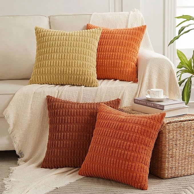 Fancy Homi Set of 4 Burnt Orange Fall Decorative Throw Pillow Covers 16x16 Inch for Couch Bed Chair, Modern Farmhouse Boho Room Decor, Soft Fuzzy Corduroy Textured Striped Cushion Case 40cm