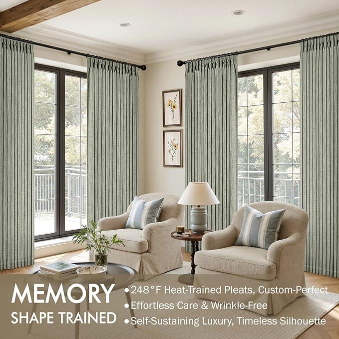 MIULEE Pinch Pleated Thick Linen Curtains 84 Inches Long 2 Panels for Living Room Bedroom, Linen Textured Memory Trained Drapes Pleat Back Tab Light Filtering Sage Green Window Curtains with Hooks