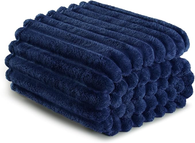 Exclusivo Mezcla Twin Size Flannel Fleece Blanket, Super Soft Striped Jacquard Bed Blanket, Lightweight Fuzzy Cozy for All Seasons, 60x80 Inches, Navy Blue