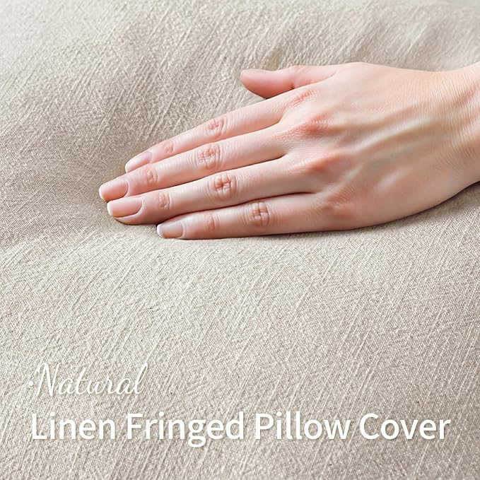 MIULEE Decorative Throw Pillow Covers Neutral Linen Fringe Throw Pillows Set of 2 Natural Beige Boho Farmhouse Cushion Covers with Tassels for Couch Sofa Bed Living Room Spring Decor 18x18 Inch