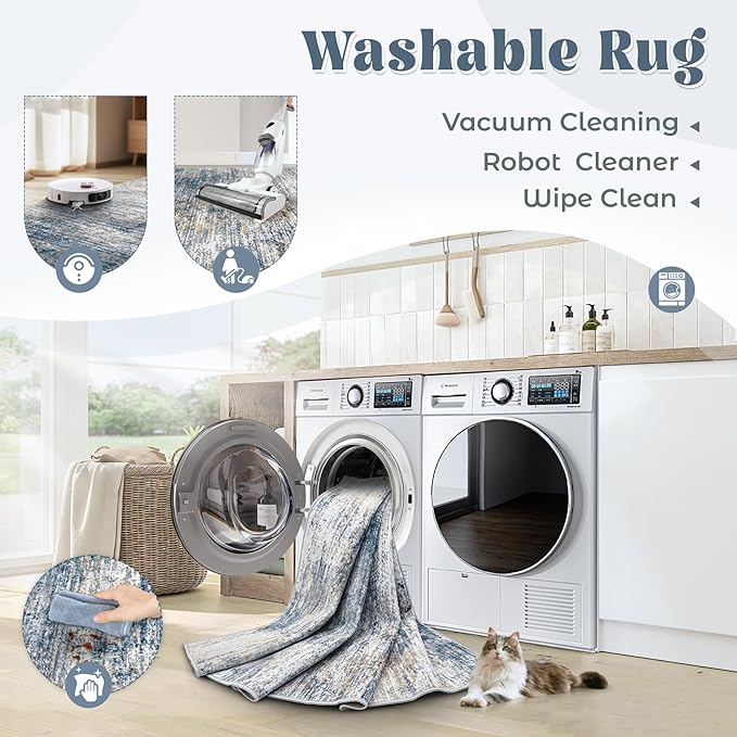 8x10 Area Rugs for Living Room, Washable Modern Abstract Large Area Rug Neutral Soft Non Slip Kids Rug Stain Resistant Indoor Carpet for Bedroom Nursery Dining Room Playroom(BlueWhite, 8'x10')
