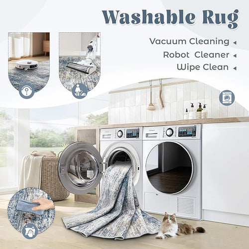 8x10 Area Rugs for Living Room, Washable Modern Abstract Large Area Rug Neutral Soft Non Slip Kids Rug Stain Resistant Indoor Carpet for Bedroom Nursery Dining Room Playroom(BlueWhite, 8'x10')