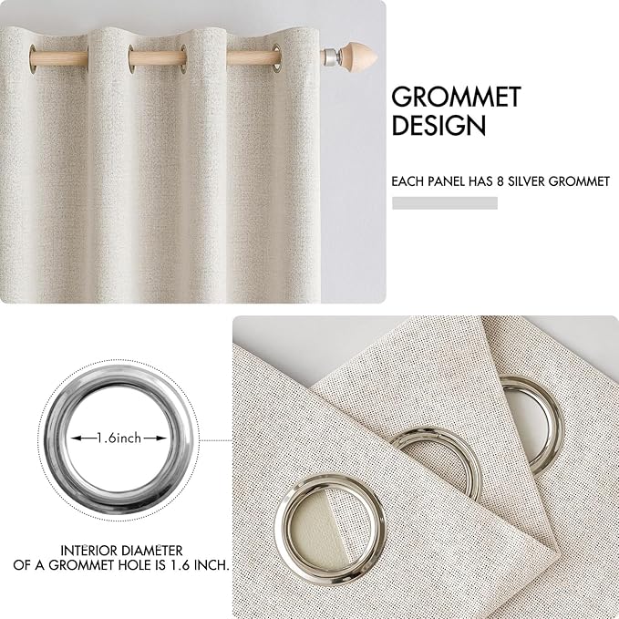 MIULEE 100% Blackout Linen Curtains for Bedroom Thermal Insulated Birch Grommet Room Darkening Curtains & Drapes for Living Room Nursery 52 x 108 Inch (2 Panels)