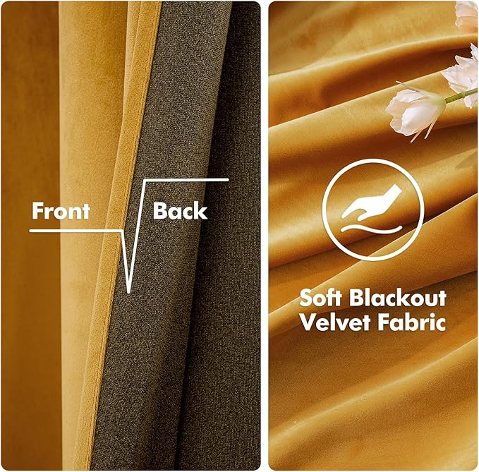 MIULEE 2 Panels Blackout Velvet Curtains Solid Soft Grommet Mustard Yellow Curtains Black Out Thermal Insulated Soundproof Room Darkening Drapes/Panels for Fall Living Room Bedroom 52 x 96 Inch Length