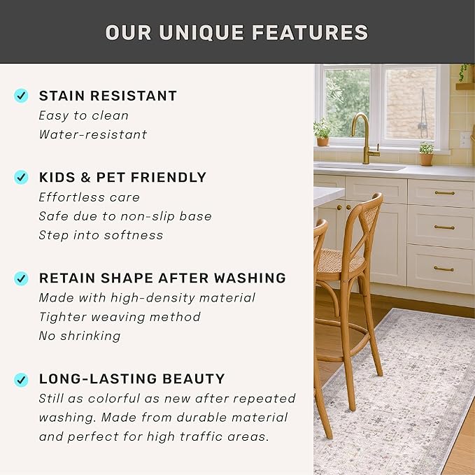 Hazo Haus Boho Light Grey Living Room Rug 7x10 - Modern Vintage Eclectic Floral Pastel Neutral Taupe, Washable Low Pile Non-Slip Large Area Rugs for Dining Under Table Bedroom Lounge