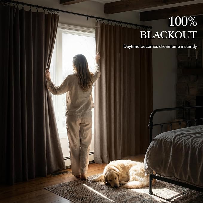 RYB HOME 100% Blackout Linen Textured Curtains 96 inches Long, Thermal Insulating Privacy Energy Saving for Bedroom Living Room Window Office Theater Dining Nursery, W 52 x L 96 in, Coffee, 2 Panels