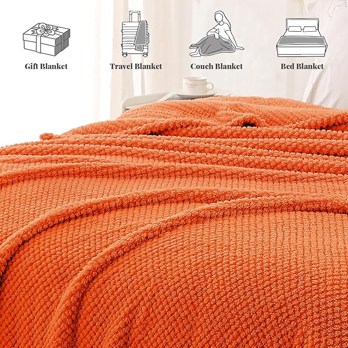 Whale Flotilla Queen Size Fuzzy Fleece Blanket, Fluffy Warm Soft Jacquard Bed Blankets for All Season, Lightweight and Cozy, 90x90 Inch, Burnt Orange
