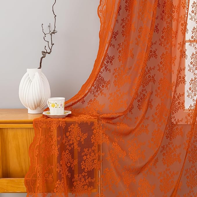 YJ YANJUN Vintage Lace Curtains 102 Inches Long-Rust Retro Floral Burnt Orange Sheer Curtain Panels for Home Office Patio Sliding Door, Rod Pocket, Boho Halloween Fall Decor 2 Panels 52W x 102L