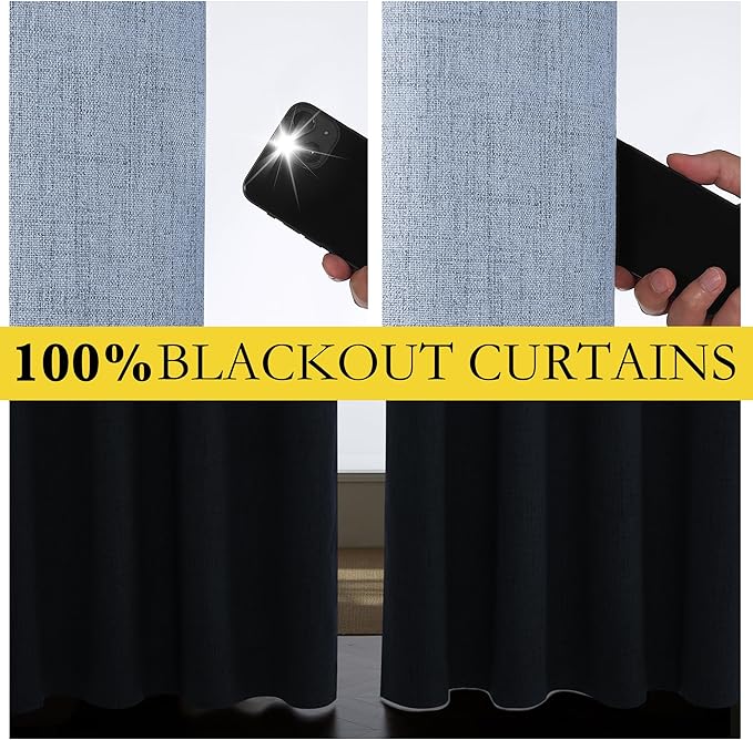 NICETOWN Stone Blue Vintage Linen 100% Blackout Curtains for Living Room, Thermal Insulated Curtains 120“ Long, Noise Reducing Window Treatment Drapes for Home Office, 62" Wide Per Panel, Set of 2