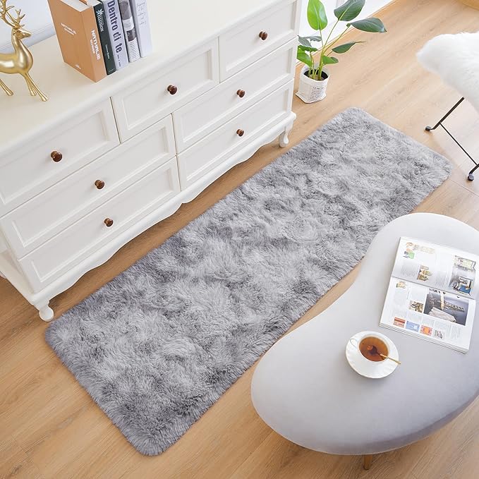 Chicrug Soft Runner Rugs for Bedroom Living Room Plush Fluffy Rug 2x10 Feet, Shag Furry Area Rug Carpet Non Shedding for Nursery Children Kids Girls Room Home Decorative, Grey and White