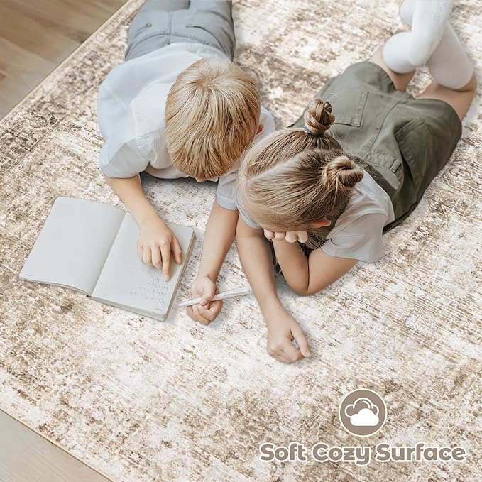 Area Rug 5x7 Washable Rug, Vintage Boho Medallion Rugs Non-Slip Soft Low Pile Large Distressed Rug Indoor Retro Carpet for Living Room Bedroom Dining Room Home Office (Brown, 5'x7')