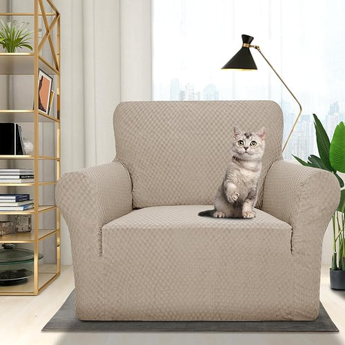 1 Piece Jacquard Chair Slipcovers for Living Room High Stretch Chair Covers with Arms Anti Slip Pets Friendly Couch Sofa Armchair Cover Furniture Protector (Chair, Khaki)