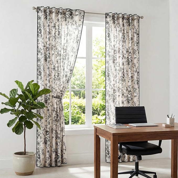 jinchan Linen Blend Floral Curtains French Country Curtain for Living Room 90 Inch Length Black Printed Curtain Rod Pocket Back Tab Farmhouse Peony Flower Patterned Drapes Window Curtains Set 2 Panels