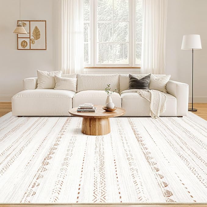 Nakagishi Area Rug Living Room Rugs: 6x10 Large Soft Machine Washable Boho Moroccan FarmNeutral Stain Resistant Indoor Floor Carpet for Bedroom Under Dining Table Home Office Decor-Cream Brown