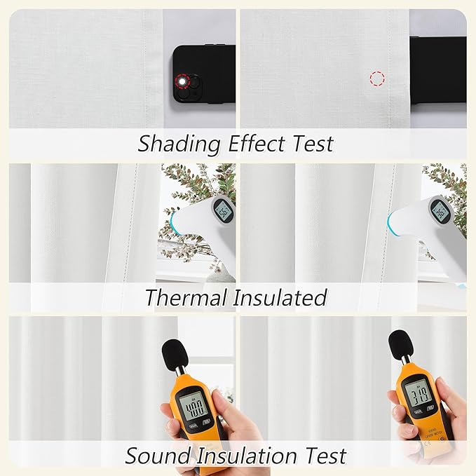 Guken White 100% Blackout Linen Curtains 42 Inch Wide by 102 Inch 2 Panels Set for Living Room Bedroom Back Tab Thermal Insulated Black Out Linen Drapes Room Darkening Window Curtains