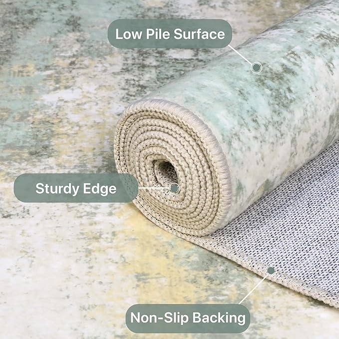 Runner Rug for Hallway Kitchen, 3x7 Machine Washable Runners Rug for Entryway, Soft Modern Abstract Throw Rugs, Low Pile Floor Cover with Non Slip Backing, Light Green
