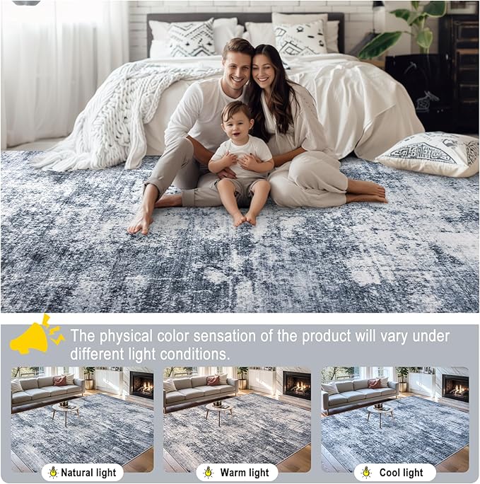 Area Rugs 10x12 Living Room - Washable Rug Modern Abstract Soft Large Neutral Non-Slip Carpet Indoor Floor Thin Carpets for Bedroom Dining Room Farmhouse Nursery Home Office Grey Blue