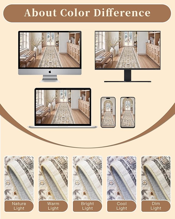 Madane Hallway Runner 3x8, Kitchen Rugs Washable Entryway Rug Vintage Kitchen Runners Non Slip Indoor Area Rug Farmhouse Carpet Runner for Bathroom Living Room Bedroom (3 X 8, Brown/Gold)