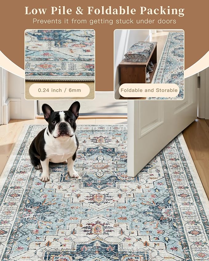 Madane Runner Rug 2'6''x8' Kitchen Runner, Hallway Runner Vintage Washable Rugs Soft Non-Slip Low Pile 2.5x8 ft Runners for Hallways Laundry Room Distressed Rug, Blue