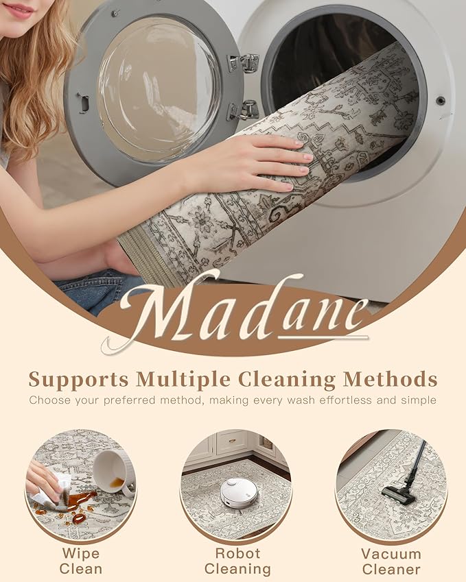 Madane Hallway Rug 3x10, Kitchen Rugs Washable Entryway Rug 10ft Vintage Kitchen Runners Non Slip Indoor Area Rug Farmhouse Carpet Runner for Bathroom Living Room Bedroom, Beige/Brown