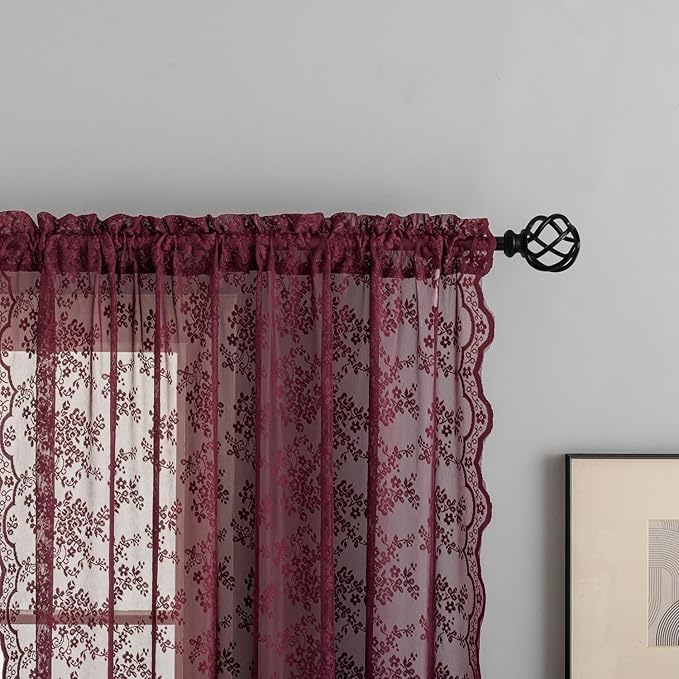 YJ YANJUN Vintage Lace Curtains 96 Inches Long-Victorian Floral Burgundy Xmas Curtain Panels for Living Room 2 Panels Privacy 8ft Holiday Christmas Seasonal Themed Winter Decor 52" W x 96" L Maroon