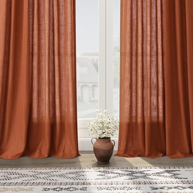 Nanspring Terracotta Curtains 80 Inches Length for Living Room Back Tab Rod Pocket Semi Sheer Linen Drapes Muted Neutral Boho Brick Burnt Orange Linen Textured Window Curtain for Dining Room 52X80