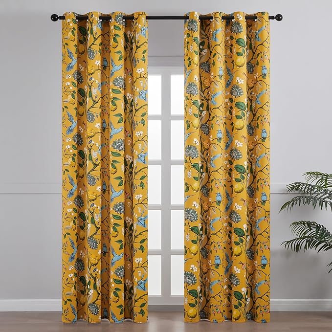 Topfinel 105 Inches Long Mustard Yellow Luxury Curtains for Living Room Bedroom, Blackout Vintage Art Deco Victorian Curtains Floral Lemon Hummingbird Printed Grommet Drape 105 Inch Length