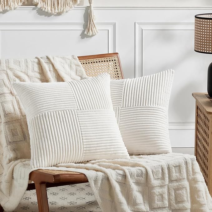 Fancy Homi 2 Packs Cream White Decorative Throw Pillow Covers 16x16 Inch for Living Room Couch Bed Sofa, Rustic Farmhouse Boho Home Decor, Soft Corss Patchwork Corduroy Textured Cushion Case 40x40 cm
