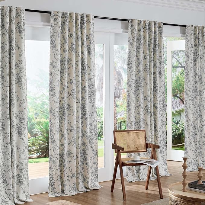 jinchan Blackout Floral Curtains for Living Room Bedroom Linen Blend Curtain Farmhouse Grey Printed with Lined Back Tab Rod Pocket Drapes Window Treatments 2 Panels 90 Inch Gray