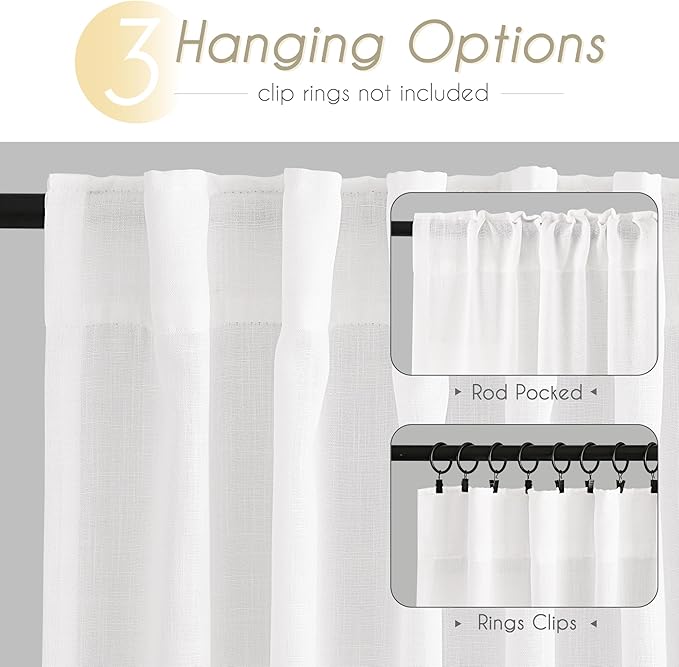 White Linen Curtains 63 inch Length 2 Panel Set for Living Room Back Tab Semi Sheer Light Filtering Bedroom Window Curtain 63 inch Long Cotton Textured Modern Elegant Coastal Drapes 42x63
