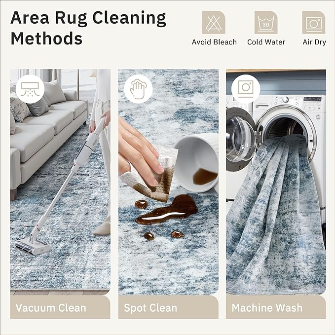 3x5 Rug, Small Area for Kitchen, Entryway, Machine Washable Non-Slip Throw Rug, Vintage Carpet for Nursery Coffee Table Blue