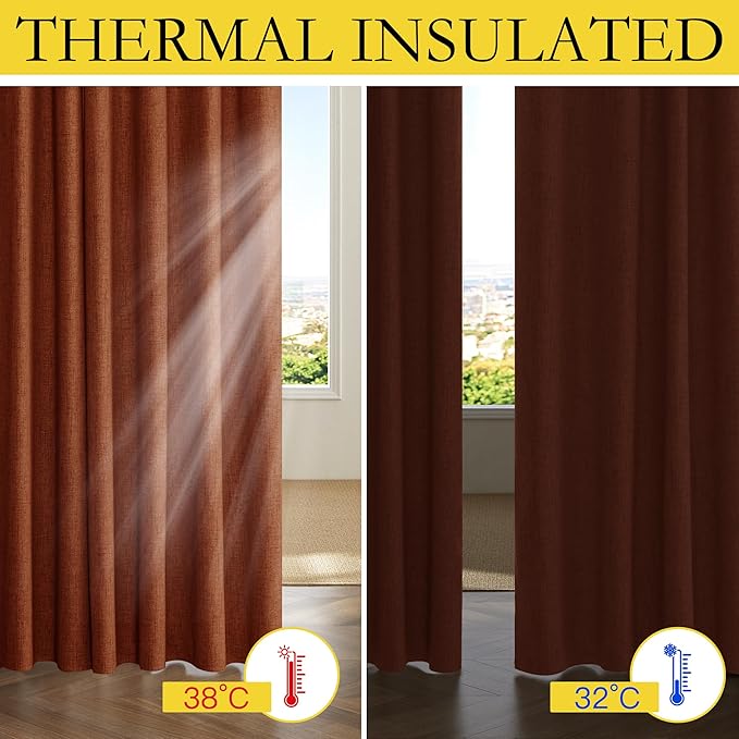 NICETOWN 100% Absolutely Blackout Linen Curtains with Thermal Insulated Liner, 42" Wide, 2 Panels, 63" Long Drapes, Grommet Retro Burnt Orange Linen Curtains Vertical Drapes Privacy for Bedroom