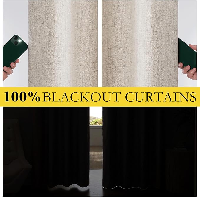 NICETOWN Oatmeal Linen 100% Blackout Curtains 120 inches Length 2 Panels Set with Thermal Insulated Liners, 52" Width, Farmhouse Style Extra Long Window Draperies for Patio Sliding Glass Door