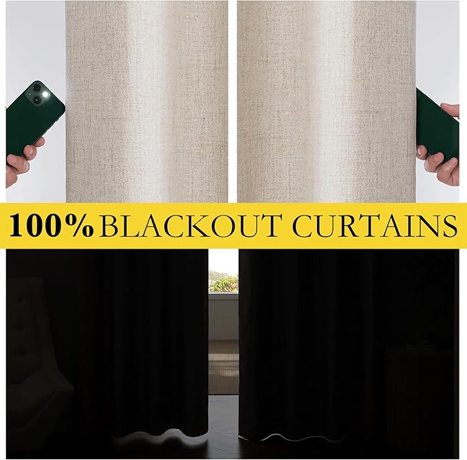 NICETOWN Oatmeal Vintage Open Linen Weave Flax Thermal Curtains, 100% Blackout Curtains 90" Long for Dining Room, Soundproof Window Treatment Drapes for Hall Room, 42" Wide Per Panel, Set of 2