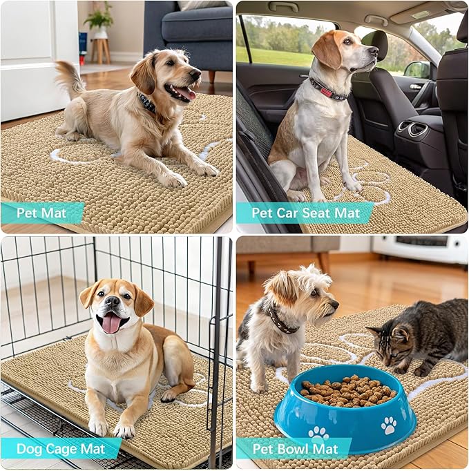 OLANLY Dog Door Mat for Muddy Paws 59x20, Paw Print Design, Absorbs Moisture and Dirt, Absorbent Non-Slip Washable Doormat, Quick Dry Chenille Mud Mat for Dogs, Entry Indoor Entryway Carpet, Beige