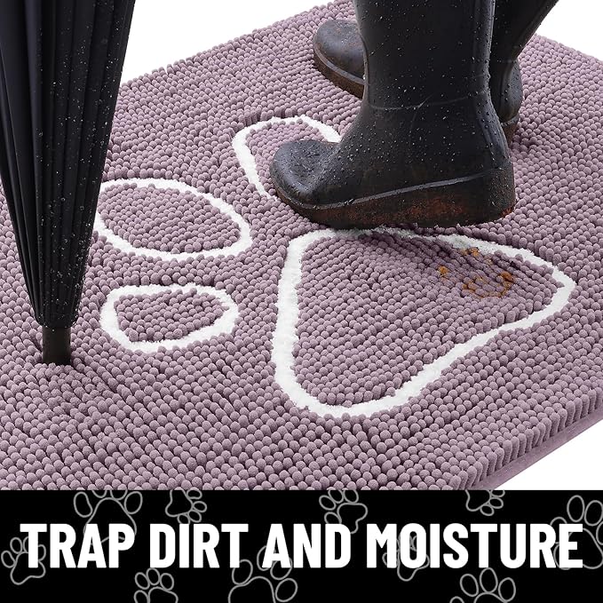 Smiry Dog Door Mat for Muddy Paws, Absorbent Dirt Trapper Non Slip Quick Dry Washable Chenille Mat for Mud Dogs, Entry Rug for Indoor and Outdoor (48x30 Inches, Deep Plum and White)