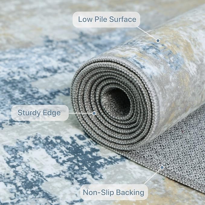 Area Rugs 10x14 for Living Room Bedroom, Modern Abstract Machine Washable Large Blue Cream Rug, Soft Low Pile Floor Carpet with Non Slip Backing for Dining Room