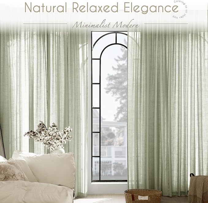 Linen Blend Sage Green Curtains 120 inch Length 2 Panels for Bedroom Back Tab Light Filtering Semi Sheer Drapes Linen Cotton Textured Light Green Airy Modern Farmhouse Living Room Sage Aesthetic Decor