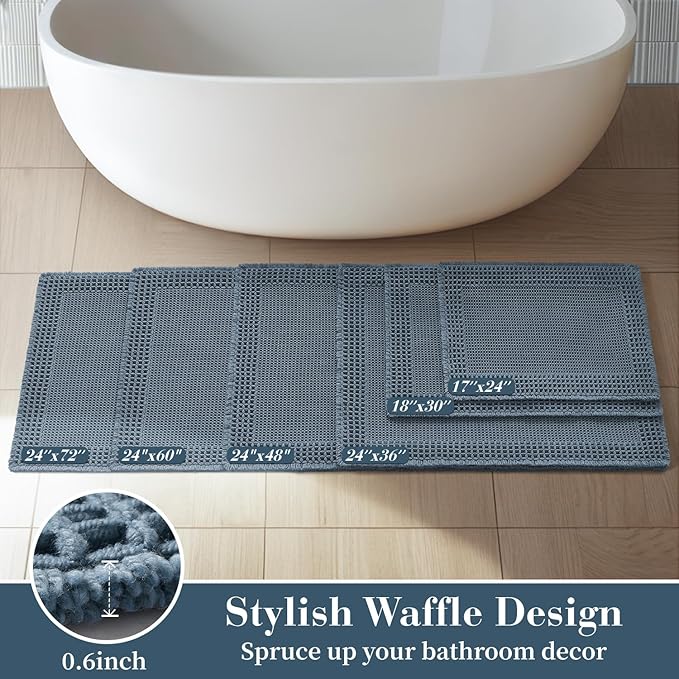 RESARE Waffle Bathroom Runner Rugs, Super Absorbent Bath Mat Non Slip Washable Quick Dry, Upgraded Ultra Soft Boho Bath Rugs with Tassels for Hallway Bedroom Laundry Room, 2'x6'(24"x72"), Blue
