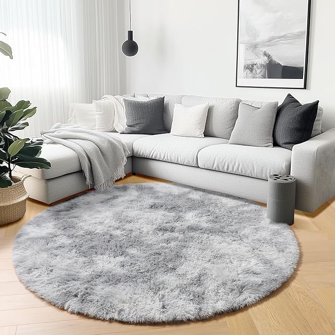 ONASAR Round Rugs 5ft for Bedroom Living Room, Fluffy Tie-Dyed Light Grey Circle Area Rug for Kids Girls Boys Teen, Soft Plush Shaggy Carpet for Nursery Dorm Classroom Playroom Home Decor Aesthetic