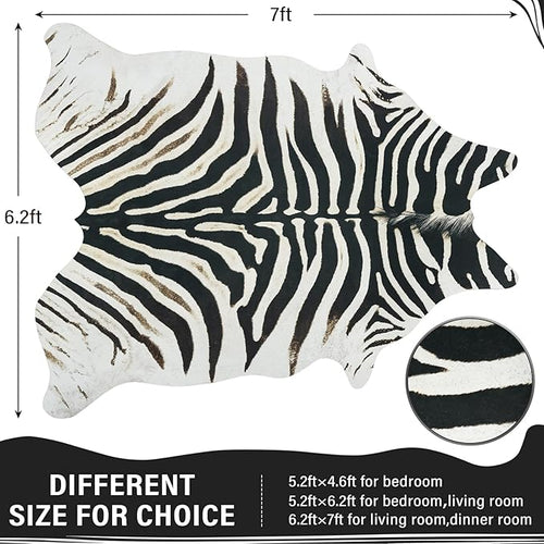 AROGAN Western Faux Fur Zebra Rug, 6.2x7 Feet Premium Animal Skin Print Rug, Sturdy Faux Zebra Hide Rugs for Wall Decor, Western Floor Carpet for Bedroom Living Room, Black and White